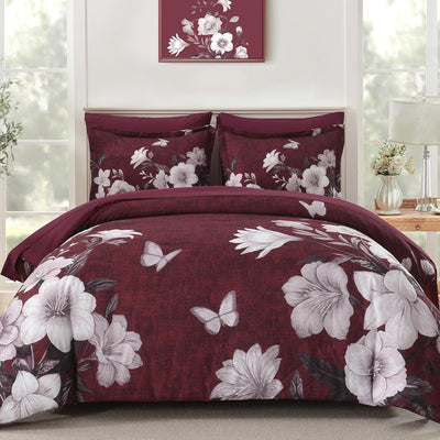Floral Comforter Set Queen Size, 7 Pieces Burgundy Bed in a Bag, Elegant Floral Butterfly Comforter and Sheet Set, Soft Microfiber Bedding Set for All Seasons(Burgundy,90"x90")