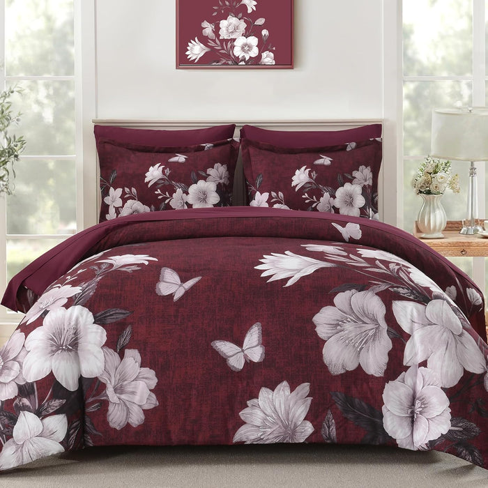Floral Comforter Set Queen Size, 7 Pieces Burgundy Bed in a Bag, Elegant Floral Butterfly Comforter and Sheet Set, Soft Microfiber Bedding Set for All Seasons(Burgundy,90"x90")