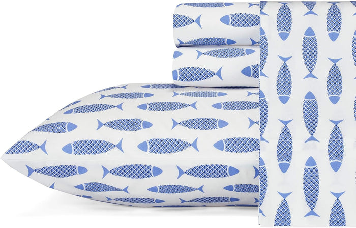 Nautica - Twin Size Sheet Set, Crisp & Tailored Cooling Sheets with a Smooth Cotton Percale Lightweight Feel - Bed Sheets with Matching Pillowcase & Fitted Sheet (Whale Stripe Blue)