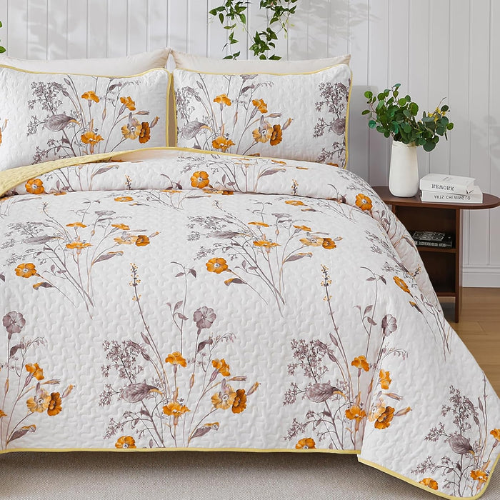 WONGS BEDDING 3 Pieces Quilt Set Queen Size, Purple Floral Botanical Plants Pattern Bedspread Coverlet Set with 2 Pillowcases, Soft Lightweight Microfiber Bedding Set for All Season(96"×90")