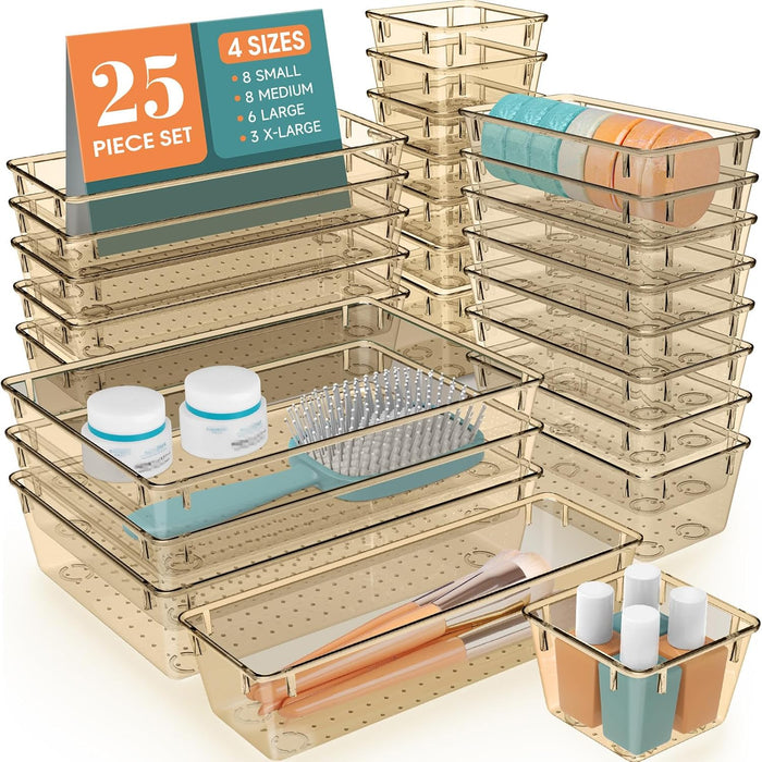 WOWBOX 25 PCS Clear Plastic Drawer Organizer Set, 4 Sizes Desk Drawer Divider Organizers and Storage Bins for Makeup, Jewelry, Gadgets for Kitchen, Bedroom, Bathroom, Office