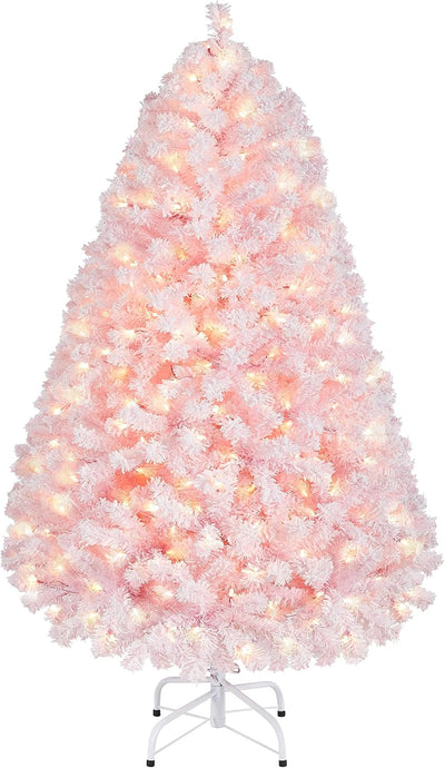 Yaheetech 4.5ft Pre-lit Artificial Christmas Tree with Incandescent Warm White Lights, Snow Flocked Full Prelighted Xmas Tree with 340 Branch Tips, 150 Incandescent Lights & Foldable Stand, Pink