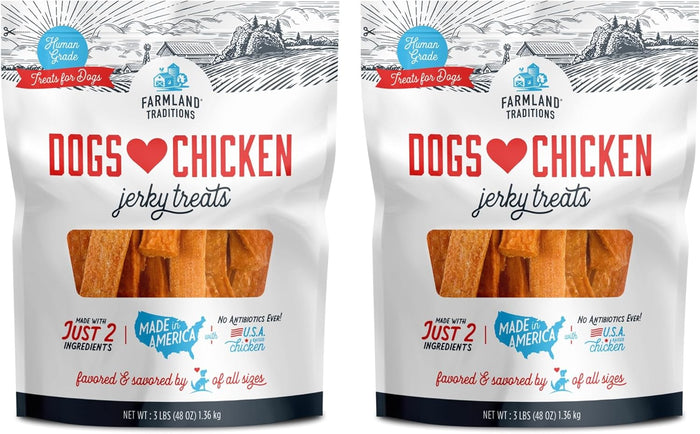 Farmland Traditions Dogs Love Chicken Jerky Dog Treats, Premium Two-Ingredient Dog Jerky with USA-Raised Chicken, 3-Pound Bag