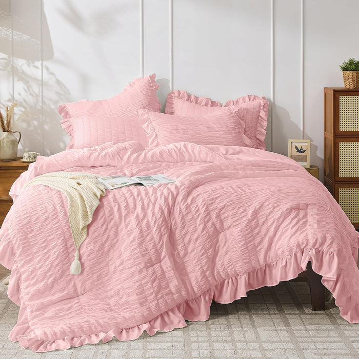 JOLLYVOGUE White Queen Comforter Set, 3 Pieces Ruffle Seersucker Comforter Queen Size, All Season Lightweight Fluffy Shabby Chic Bed Set for Girls Women Teens Gift Choice
