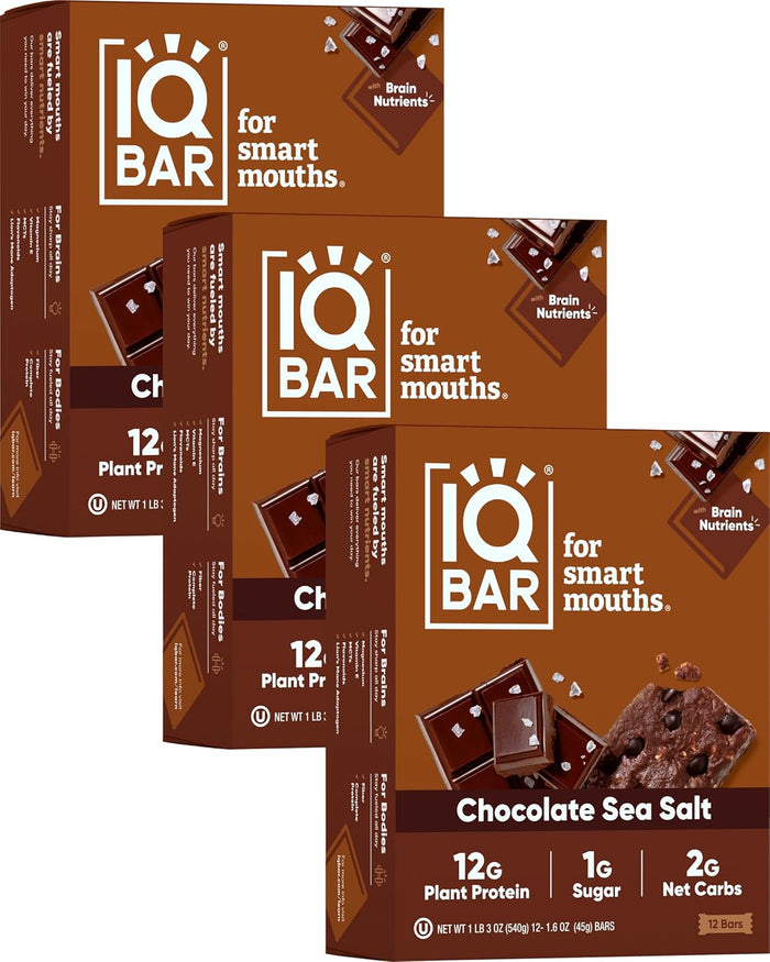 IQBAR Brain and Body Plant Protein Bars - Peanut Butter Chip - 12 Count, Low Carb, High Fiber, Gluten Free, Vegan Snacks - Low Sugar Keto Energy Bars