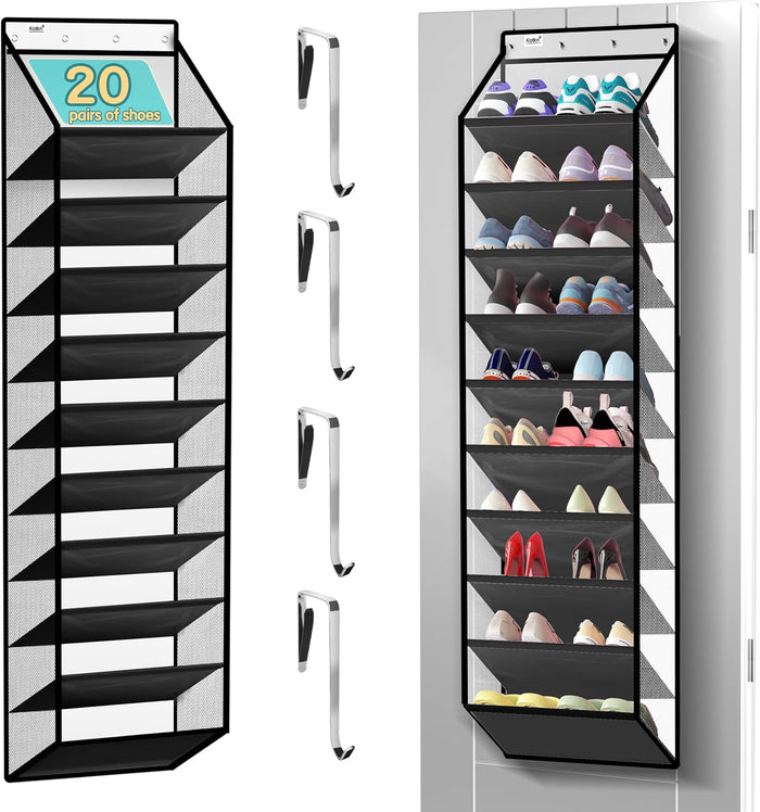 10 Tier Over The Door Organizer - Heavy Duty Hanging Storage Rack with Sturdy Oxford Fabric, Holds 20+ Pairs of Footwear, Boots & Sneakers, Saves 50% Closet Space (Black)
