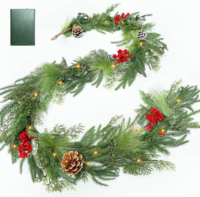 6 Ft Pre-lit Christmas Garland with Lights Timer, Real Touch Norfolk Pine Garland Green Cedar Garlands Pine Needle Cypress Leaves Pinecone Red Berries Lighted Garland for Fireplace Table Xmas Decor