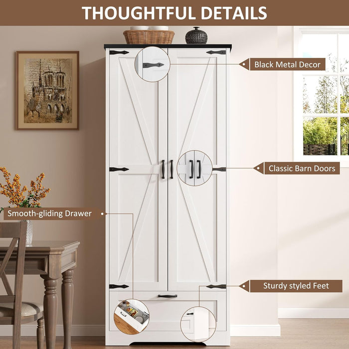 Vongrasig Kitchen Pantry Storage Cabinet with Barn Doors, Drawer and Adjustable Shelves, 4-Tier Tall Rustic Wood Cupboard Locker for Kitchen, Dining Room, Living Room, Bathroom, White