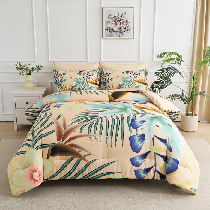 Yogeneg 7 Piece Bed in a Bag Full Size Comforter Set Botanical Floral Bedding Set,White Flower Leaves Printed on Black Reversible Design,Soft Microfiber Comforter with Sheet Set,All Season(Black,Full)