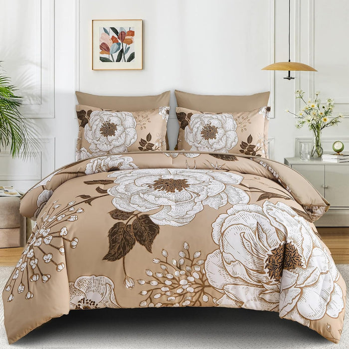 Luxudecor Floral Queen Comforter Set 7 Pieces Bed in a Bag, White Flower Print on Navy Blue Bedding Set, Soft Reversible Comforter with Sheet Set 90"x90"