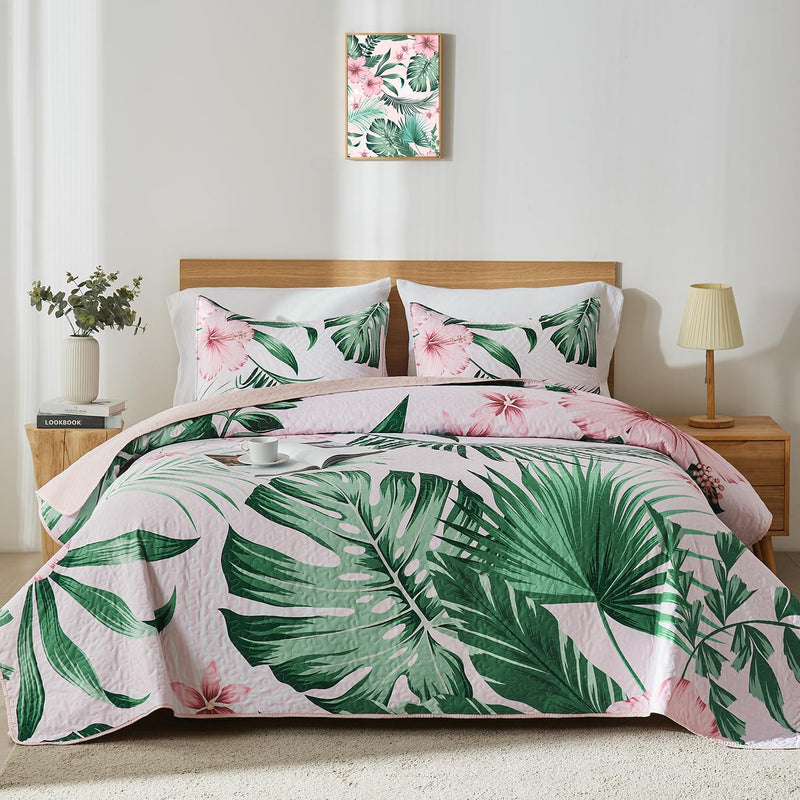 Yogeneg Queen Quilt Bedding Set,Green Pink Botanical Pattern Sky Blue Full/Queen Quilt Set,3 Piece Lightweight Soft Summer Bedspread Coverlet with 2 PIillow Shams,All Season(Sky Blue,90"x96")