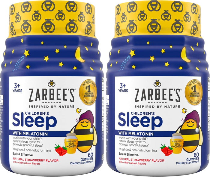Zarbee's Kids Children’s Sleep Gummies with Melatonin Supplement, Drug-Free Non-Habit Forming, Works with Natural Rest Cycles, Natural Strawberry, Ages 3+, 60 Gummies