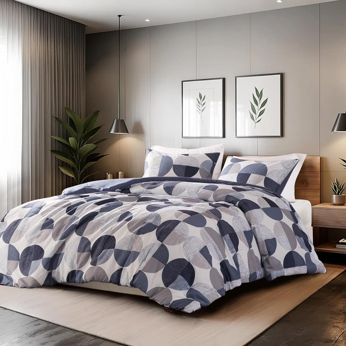 Stylish Three-Tone Printed Full Size Comforter Set, Bed in a Bag 9-Piece Bedding Set, Ultra-Soft Microfiber Comforter and Sheets Set, Warm and Cozy for All Seasons, Navy Blue & Grey