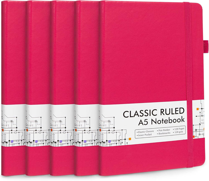 feela 5 Pack Notebooks Journals Bulk, Hardcover Classic Ruled Lined Journals with Pen Holder for Women Girls School Business Supplies, with 5 Black Pens, 120 GSM, 5.1”x8.3”, A5, Mild Colors
