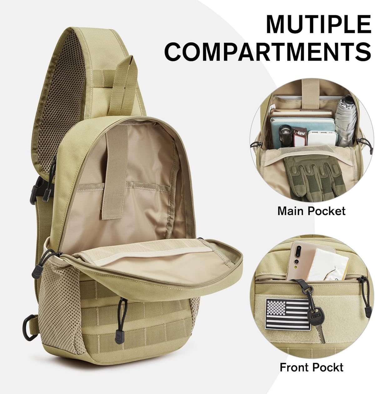 G4Free Tactical Sling Bag Backpack for Men,Military Durable Shoulder Pack Tactical Bag for Travel, Hiking, Outdoor Sports Khaki