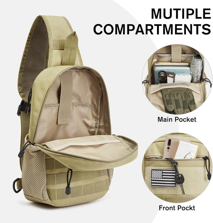G4Free Tactical Sling Bag Backpack for Men,Military Durable Shoulder Pack Tactical Bag for Travel, Hiking, Outdoor Sports Khaki
