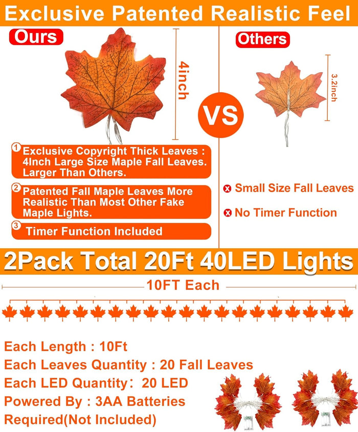TURNMEON 2 Pack Fall Decor Enlarged Maples Leafed Halloween Fall Decorations for Home Fall Lights Thick Leafs Garlands, Total 20Ft 40LED Battery Operated Waterproof Thanksgiving Decor Indoor Outdoor
