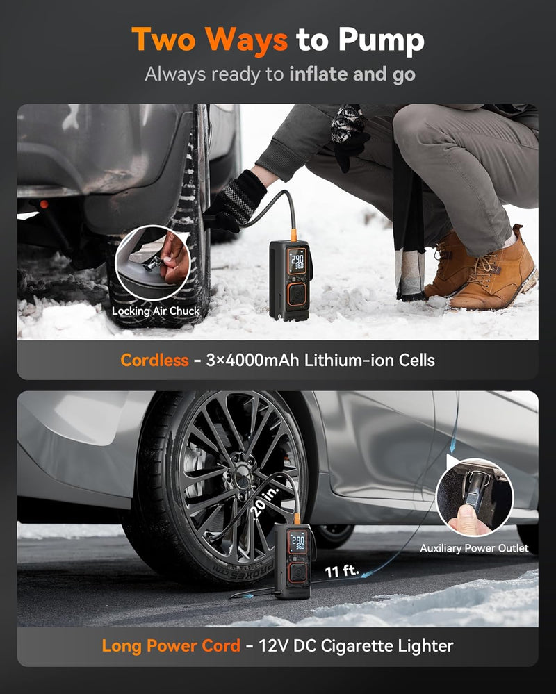 WOLFBOX Cordless Tire Inflator Portable Air Compressor, 150PSI Air Pump for Car Tires, Motorcycle, Bicycle & Ball, with Smart Digital Pressure Gauge, Auto Shut-Off & LED Flashlight