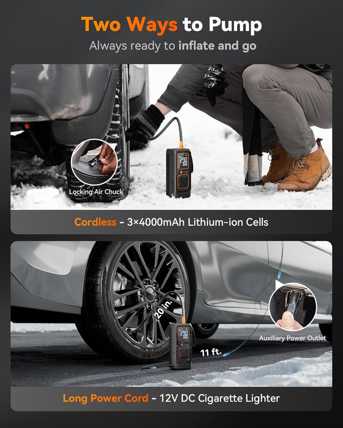 WOLFBOX Cordless Tire Inflator Portable Air Compressor, 150PSI Air Pump for Car Tires, Motorcycle, Bicycle & Ball, with Smart Digital Pressure Gauge, Auto Shut-Off & LED Flashlight