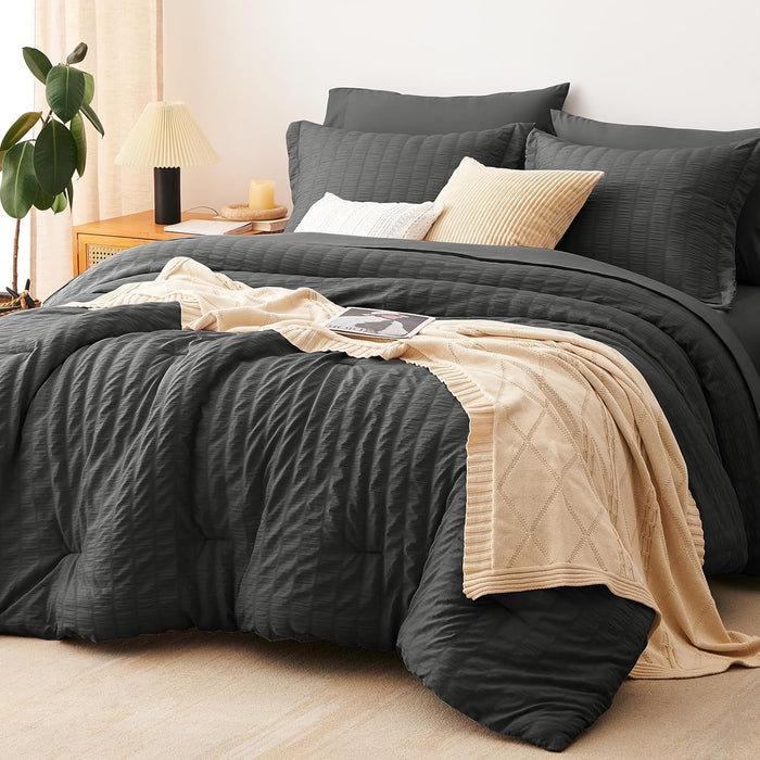 CozyLux Queen Comforter Set Beige Seersucker 7 Pieces Bed in a Bag Queen Comforter Set with Sheets, Luxury Soft Bedding Set with Down Alternative Comforter, Sheets, Pillowcases & Shams for All Seasons