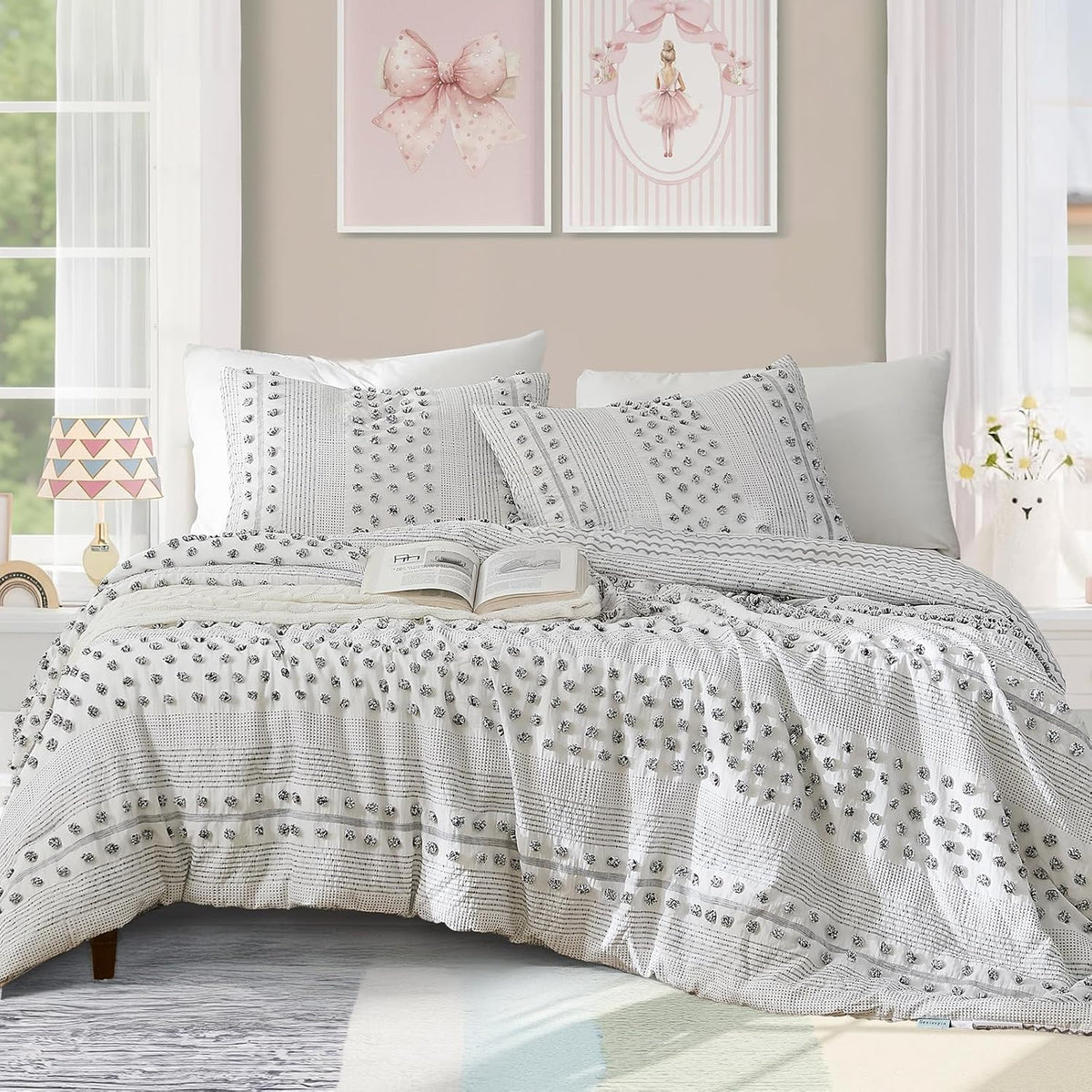 Geniospin Light Blue Full Comforter Set for Girls- 7 Pieces Bowknot Jacquard Bed in A Bag Twin Bedding Sets with Sheets, Pillowcases & Shams, All Season Kids Comforter Set