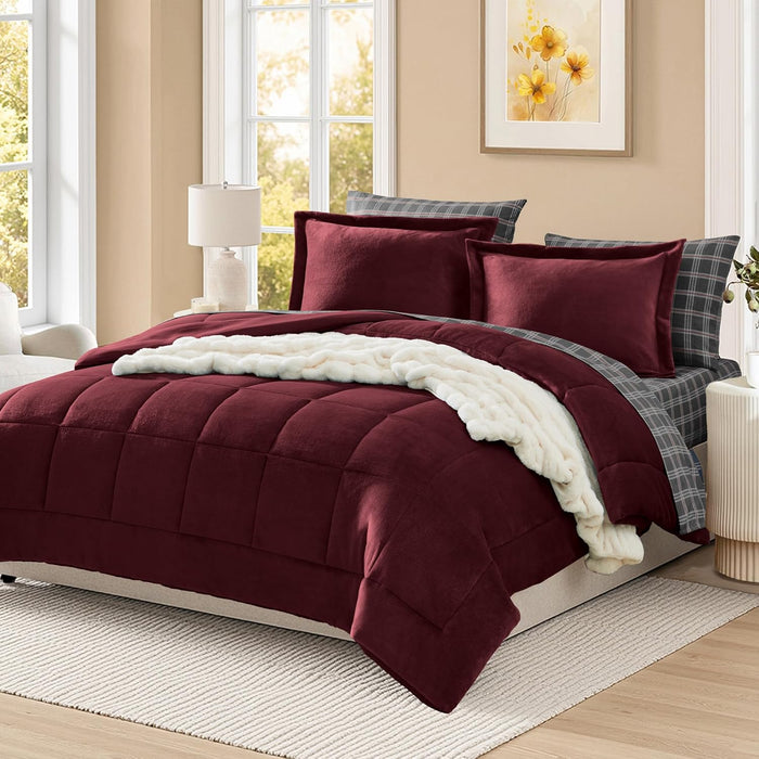 Plush Queen Comforter Set Brown, Flannel Velvet Comforter Sets 7 Pieces Bed in a Bag, Soft Warm Winter Bedding Set with Sheets, Pillowcases & Shams