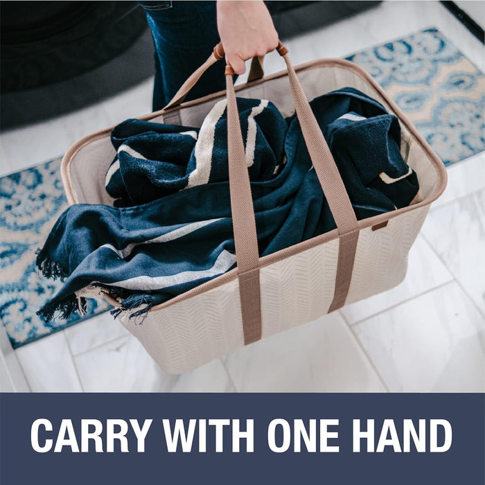 CleverMade Collapsible Laundry Tote - LUXE Mocha 2-Pack 50L - Foldable Storage Organization Container for Clothes Laundry Room Storage Solution