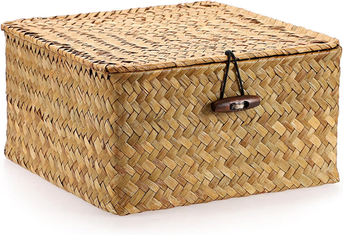 Hipiwe Handwoven Seagrass Basket Bin Square Household Storage Container with Lid Wicker Shelf Basket Bin for Bookshelf Living Room Bath Room, Large Caramel