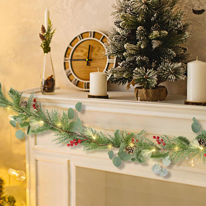 DR.DUDU Christmas Garland Decorations, 6FT Garlands with Lights Timer Indoor Decoration Pre-Lit Green Garland with Pine Cones Red Berry for Mantle Outdoor Fireplace Stairs Holiday Winter Décor