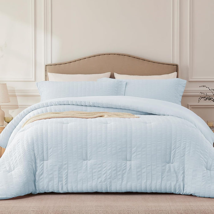 White Queen Comforter Set - 3 Pieces Seersucker Lightweight Bedding Comforter Sets (1 Soft Fluffy Comforter & 2 Pillowcases) - All Seasons Cozy Modern Bed Sets