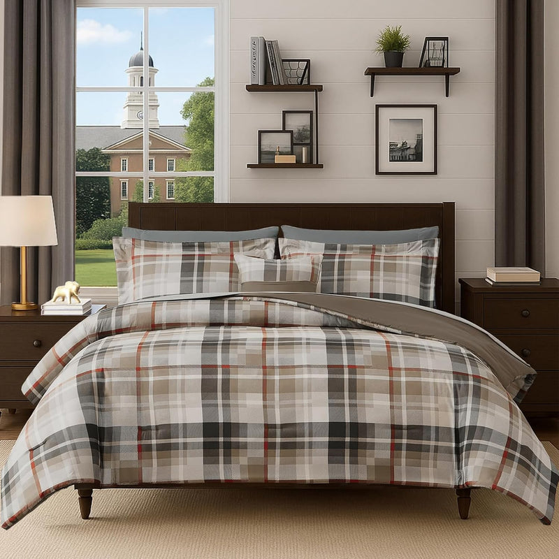 MaiRêve Queen Comforter Set, Plaid Design Comforter Set 7 Pieces, Comfortable Red Queen Bedding Sets Queen, Lightweight, Warm and Breathable (Red, Queen, 90"x90")