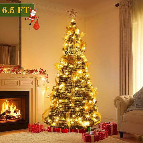 6.5Ft Prelit Fully Decorated Pop Up Christmas Tree, Dual Color Change 1 Minute Christmas Tree, 220 Warm White&Colored Lights 8 Modes Timer, 74 Ornaments&Gold Ribbon Pull Up Collapsible Xmas Tree Decor