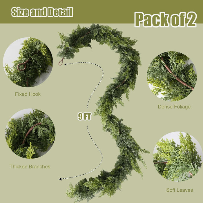 9FT Real Touch Norfolk Christmas Pine Garland Set of 2, Lifelike Artificial Bendable Greenery Garland for Front Door, Mantle, Staircase, Windowsill Indoor Outdoor Christmas Decorations