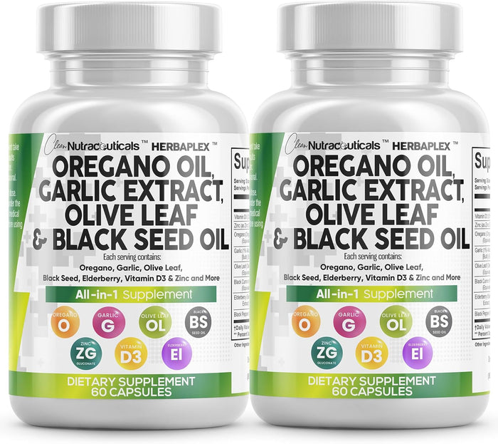 Clean Nutra Oregano Oil with Black Seed Oil Garlic Olive Leaf Extract - Oil of Oregano Capsules Immune Support Carvacrol & Thymoquinone Supplement for Women and Men + Elderberry Vitamin D3 & Zinc