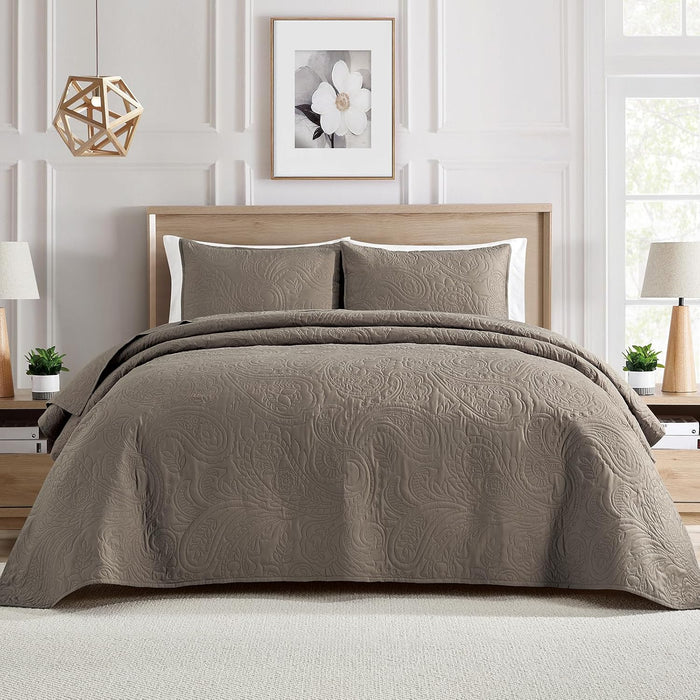 BOURINA Ultrasonic Quilt Set Bedspreads 3-Piece Bedding Set Pre-Washed Microfiber Ultra Soft Lightweight Flower Coverlet Set for All Season, Queen Taupe