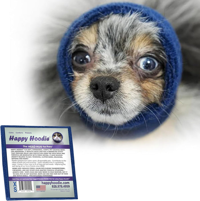 Happy Hoodie The Original Dog & Cat Calming Band - American Brand - Anxiety Relief/Noise Protection-Grooming-Thunder-Fireworks (Large, Blue) - Since 2008
