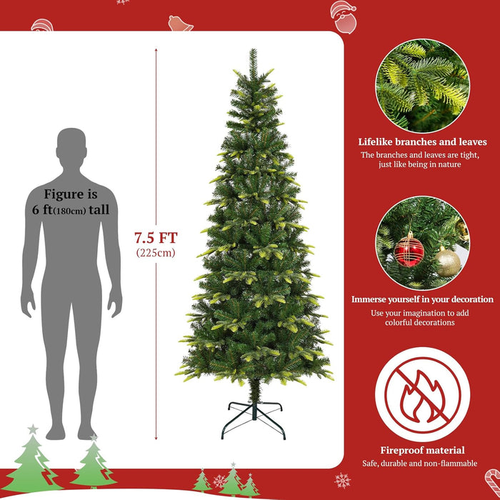 Uten Pencil Christmas Tree, 7.5ft Slim Christmas Tree with Mixed 800 Branch Tips, Foldable Metal Stand, Easy Assembly for Home, Office, Party, Holiday