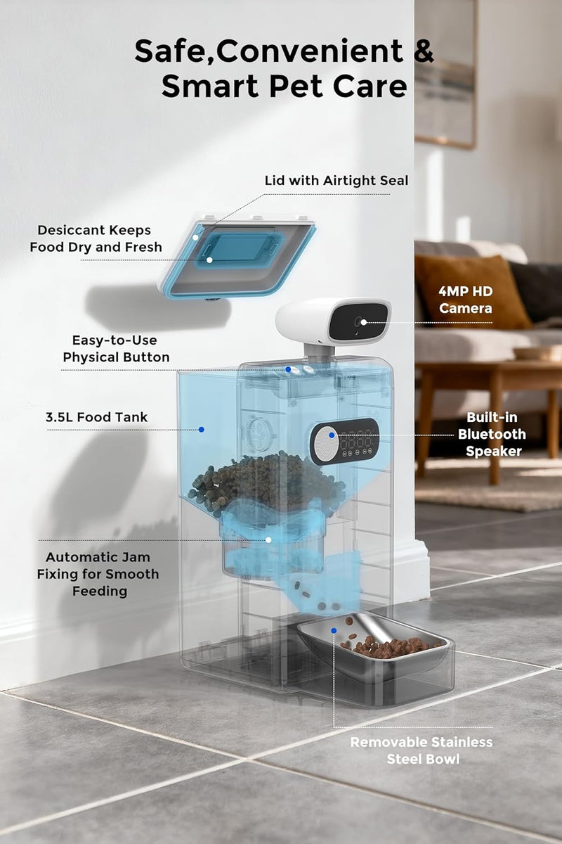 Teendow XLY-M1 Automatic Cat Feeder with Camera, 3.5L Cat Food Dispenser, AI Subscription Pet Feeder 4MP HD Video with Night Vision Timed Feeding Dry Food for Dog APP Control 5G WiFi