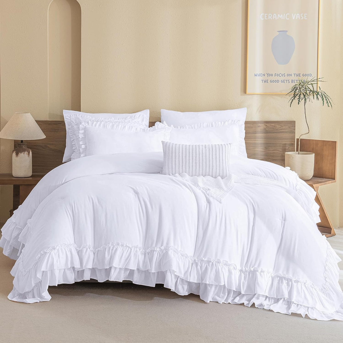 Queen's House Light Blue Farmhouse Ruffled King Size Comforter Set,Lightweight Microfiber Inner Fill Fluffy Boho Chic Bedding Comforter,Ultra Soft Microfiber Inner Fill Bedding