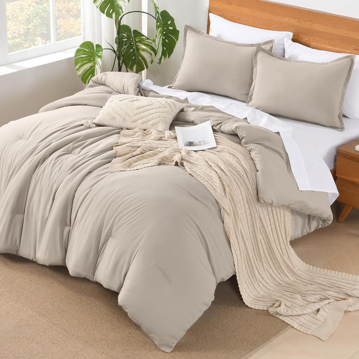 Andency King Size Comforter Set - 7 Pieces Bed in a Bag King Bedding Comforter Sets Oatmeal, Winter Solid Soft Lightweight Comforter with Fitted Sheets, Flat Sheets, Pillowcases & Shams