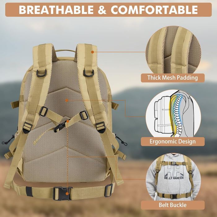 G4Free 45L Military Tactical Backpack for Men Large Army Molle Daypack 3 Day Assault Pack Bug Out Bag Hiking Rucksack(Khaki)