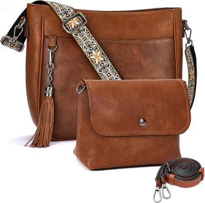 Blucoay 2PCS Crossbody Bags Purses for Women Set,Vegan Leather Hobo Bags Wallet Set,Shoulder Handbags With 2 Adjustable Strap