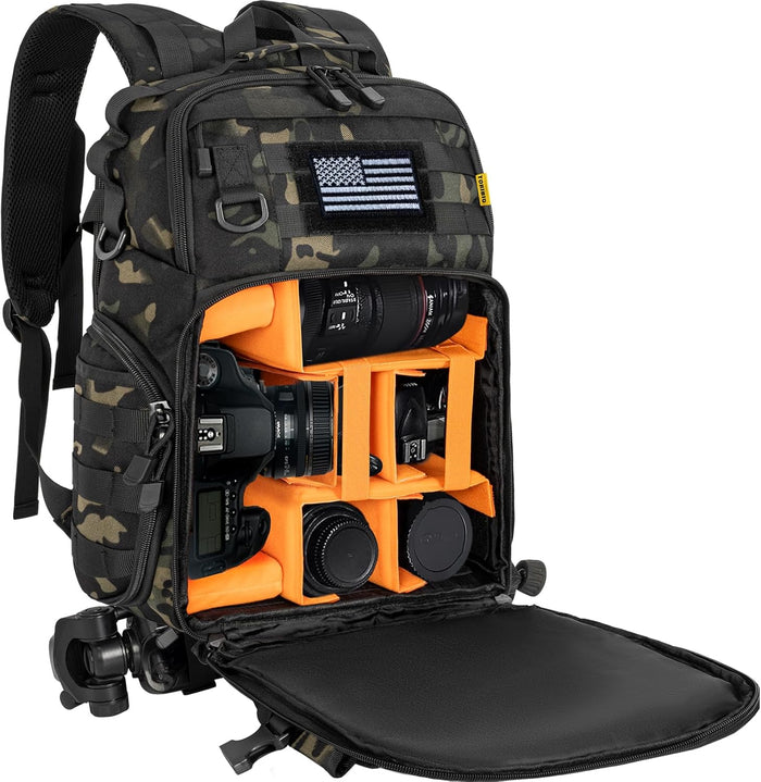 Camera Backpack for DSLR/SLR/Mirrorless Photography Camera, Tactical Camera Bag Case Water-resistant Travel Backpack with 15.6" Laptop Compartment Compatible with Canon