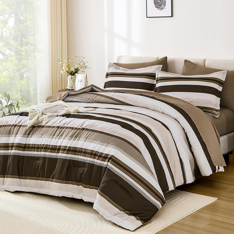 WONGS BEDDING Queen Comforter Set, 7 Pieces Blue Comforter Set Queen, Soft Striped Bed in a Bag Bedding Set with Comforter, Flat Sheet, Fitted Sheet, Pillow Shams, Pillowcase