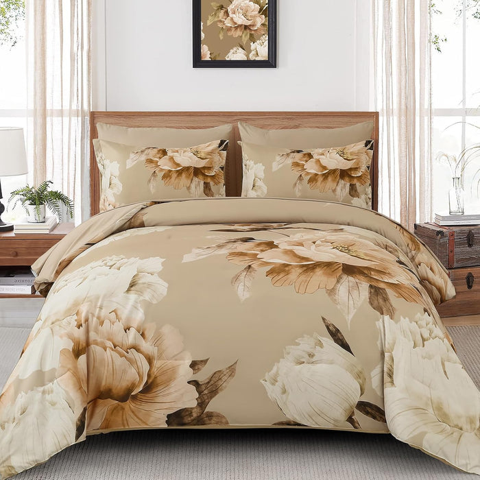 Dobuyly Pink and Grey Comforter Set Queen Size 7 Piece Bed in a Bag, Floral Printed on Gray Comforter Set with Sheets, Soft Microfiber Botanical Complete Bedding Set for All Season