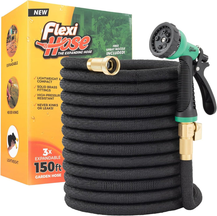 Flexi Hose Expandable Garden Hose with 8 Function Nozzle, 100FT - Lightweight Retractable Garden Hose, Water Hose - No-Kink Flexibility, 3/4 Inch Solid Brass Fittings and Double Latex Core