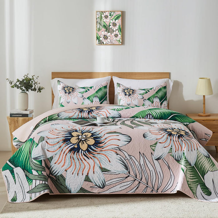 Yogeneg Queen Quilt Bedding Set,Green Pink Botanical Pattern Sky Blue Full/Queen Quilt Set,3 Piece Lightweight Soft Summer Bedspread Coverlet with 2 PIillow Shams,All Season(Sky Blue,90"x96")