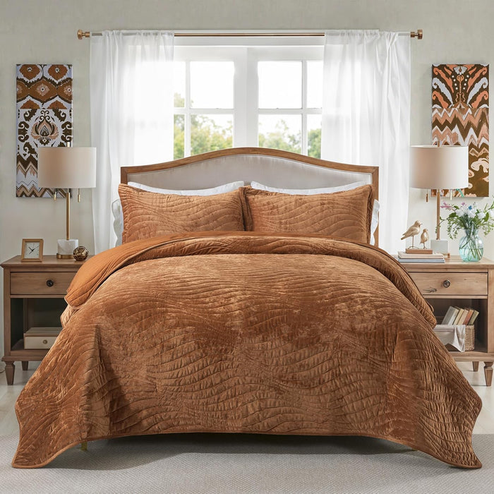 Travan Luxury Velvet Quilt Set Queen Size, Lightweight Velvet Comforter Set, Soft Warm Queen Quilt Bedding Set, Oversized Bedspread Coverlet with 2 Shams for All Season, Golden Camel