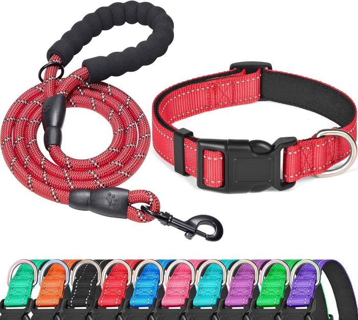 Reflective Dog Collar Padded with Soft Neoprene Breathable Adjustable Nylon Dog Collars for Small Medium Large Dogs (Medium (Pack of 1), Blue Collar+Leash)