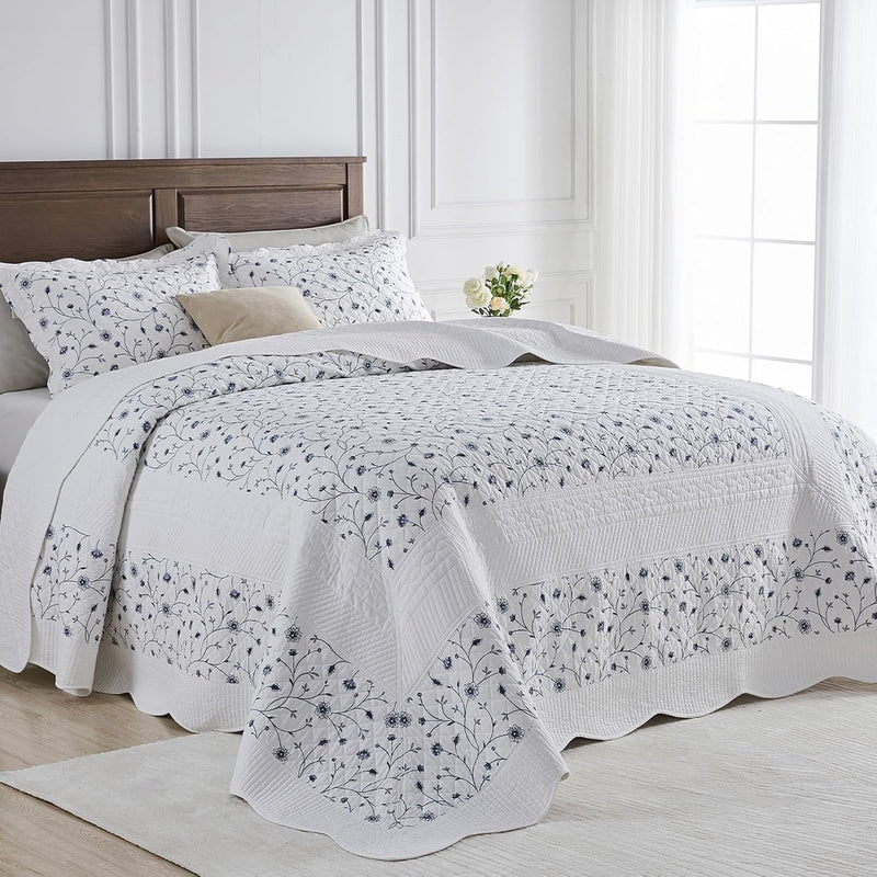 100% Cotton Oversized Quilt 120"x120", Extra Large King Bedspread, Farmhouse Botanical Bed Spreads Coverlet, Lightweight Quilted Bedding Cover, 3 Piece, Grayish Blue/Beige